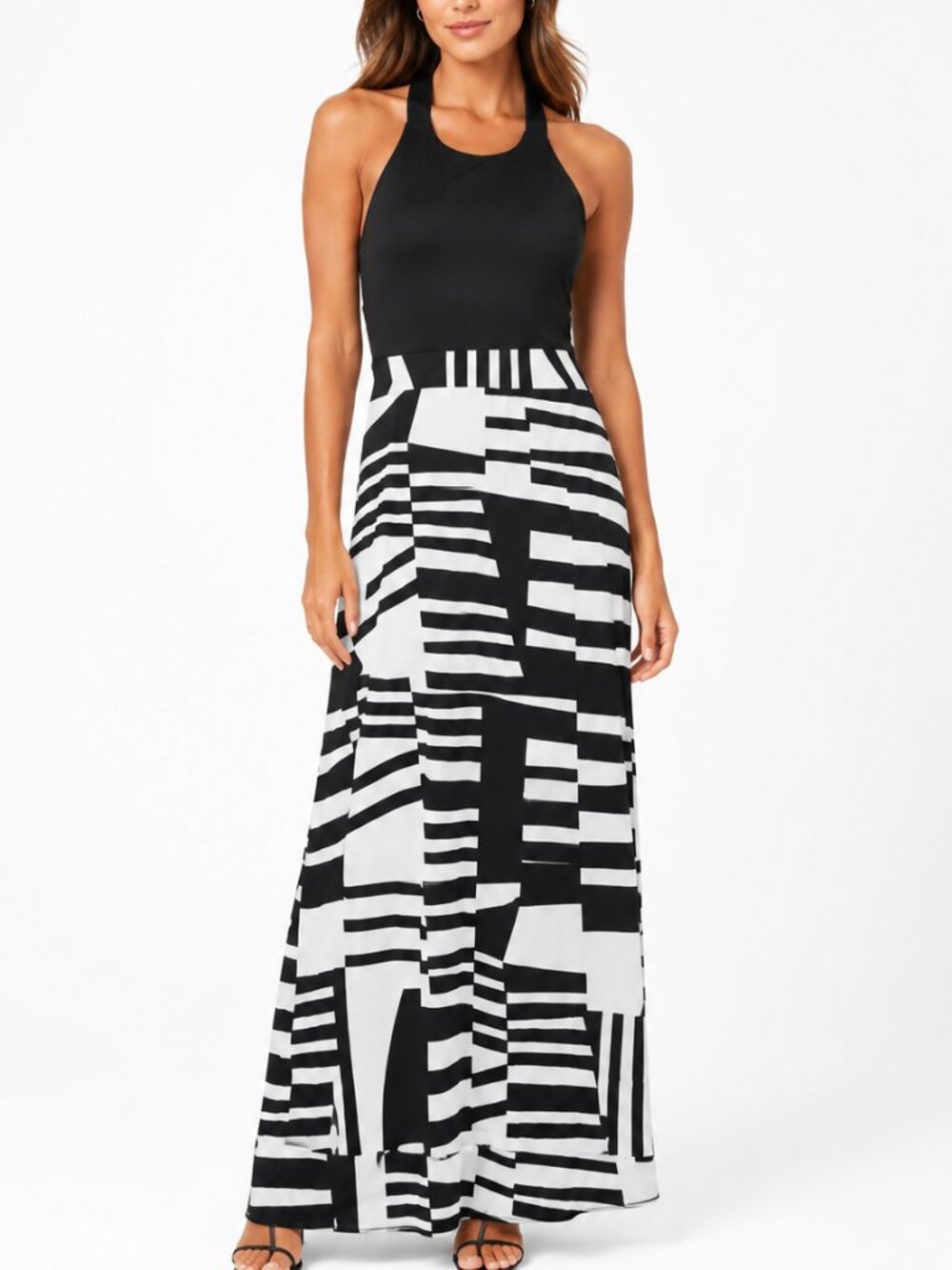 NEW VENUS Black White Geometric Halter Maxi Dress Large